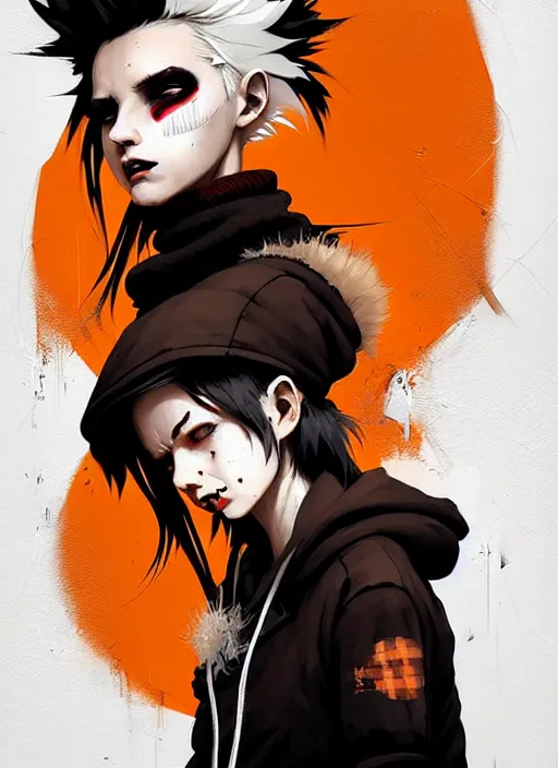 Image similar to highly detailed portrait of a sewer punk lady student, tartan hoodie, white hair by atey ghailan, by greg rutkowski, by greg tocchini, by james gilleard, by joe fenton, by kaethe butcher, gradient, orange, black, brown and cream color scheme, grunge aesthetic!!! white graffiti tag wall background