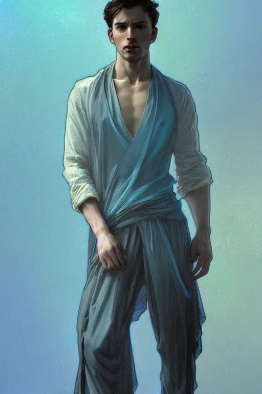 Image similar to full figure portrait of a single beautiful young fit man, dressed of modern transparent fluent shirt and large linen pants, bare feet, by greg rutkowski and alphonse mucha, d & d character, gradient black to cyan, interior design background, highly detailed portrait, digital painting, artstation, concept art, smooth, sharp focus ilustration, artstation hq