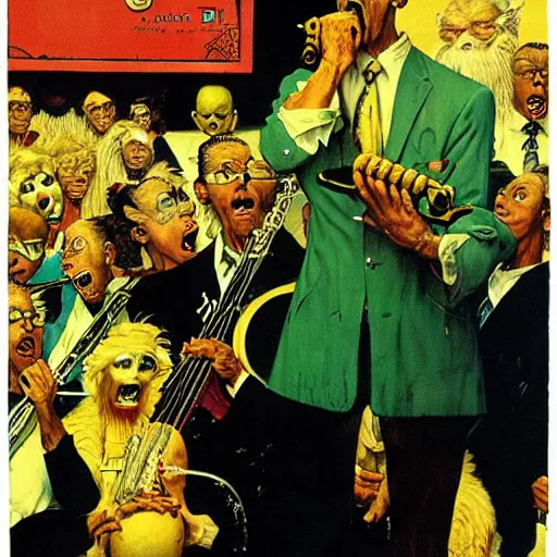 Prompt: lemon headed goat man singing jazz, ultra detailed, style of norman rockwell, style of richard corben, 4 k, rule of thirds.