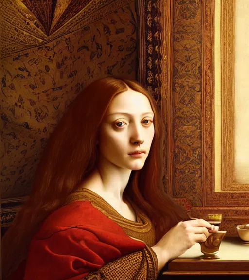 Image similar to portrait of a beautiful room with a tapestry on the wall, as well as a book upon a table with heightened detail, detailed facial expression, detailed surroundings, elegant, highly detailed, centered, digital painting, artstation, concept art, smooth, sharp focus, illustration, by ( leonardo da vinci ), wlop