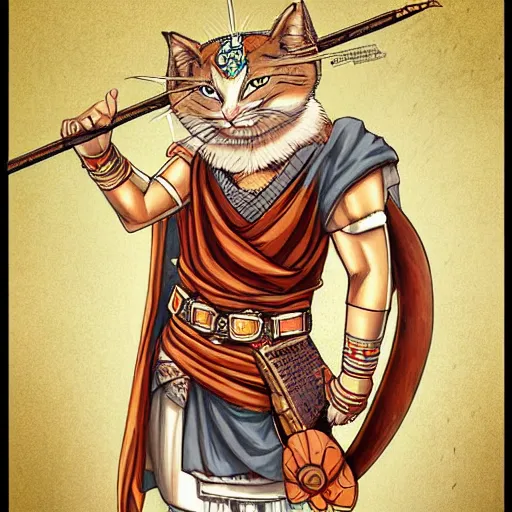 Image similar to illustration of the roman emperor augustus neko man half cat, character design, art station, epic, elegant, masterpiece of akira toriyama