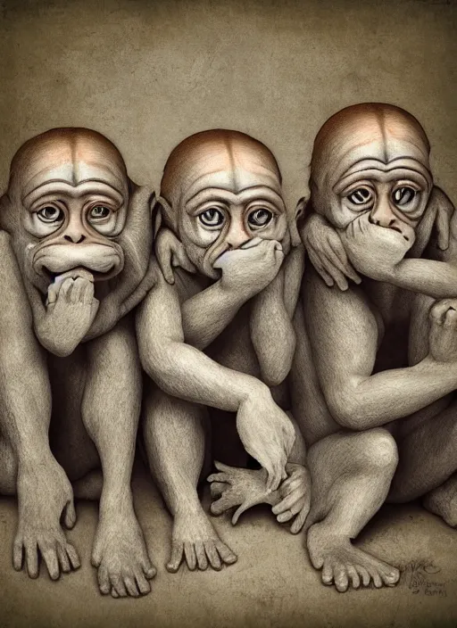 Prompt: three wise monkeys, see no evil, hear no evil, speak no evil, ralph goings, digital art