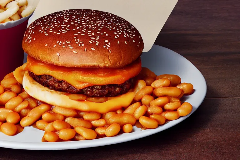 Image similar to mcdonalds baked beans burger, ( ( ( ( patty ) ) ) ), commercial photograph