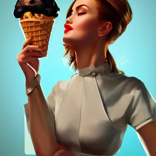 Prompt: modern woman | hyperrealistic | action pose | digital painting | trending on artstation | pinup portrait | clean | illustration | dressed | unreal engine 5 | 8 k resolution | ice cream is the theme | single image of a woman centred | by greg rutkowski and mel ramos