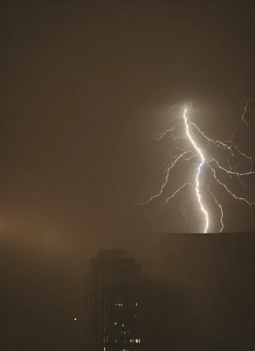 Image similar to a 2 8 mm macro photo of lightning striking the top of a building in a city, long exposure, misty, night, splash art, movie still, bokeh, canon 5 0 mm, cinematic lighting, dramatic, film, photography, golden hour, depth of field, award - winning, anamorphic lens flare, 8 k, hyper detailed, 3 5 mm film grain