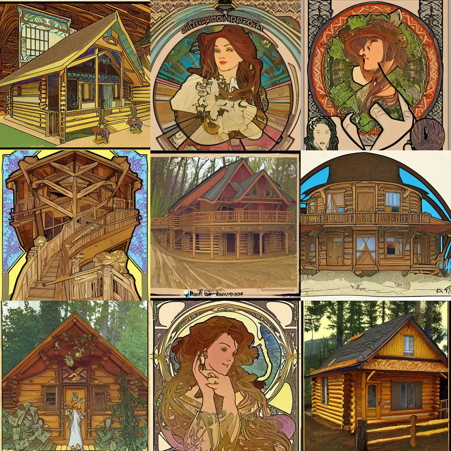 Prompt: a log cabin in the style of alphonse mucha