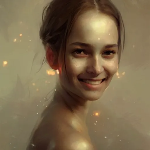 Image similar to epic portrait of a beautiful girl with an unnaturally wide smile, beautiful!, dewy skin, ethereal, painting, concept art, warm lighting, greg rutkowski