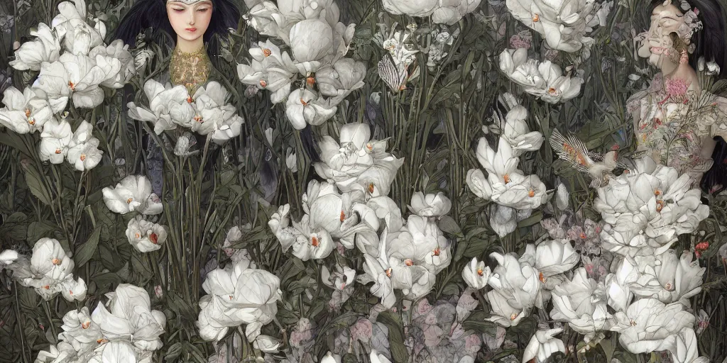 Image similar to breathtaking detailed concept art painting art deco pattern of faces goddesses of white flowers with anxious piercing eyes and blend of flowers and birds, by hsiao - ron cheng and john james audubon, bizarre compositions, exquisite detail, extremely moody lighting, 8 k