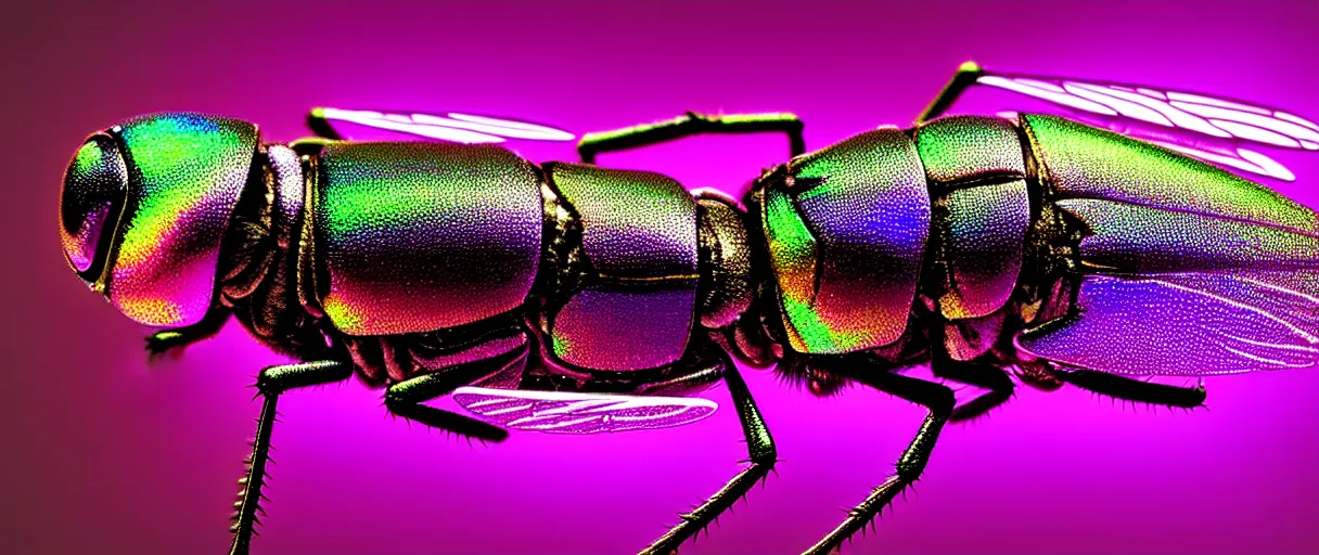 Prompt: high quality photo glowy iridescent mutant fly! jeweled very beautiful! highly detailed digital art david ligare elson peter cinematic purple neon lighting high quality low angle hd 8k sharp shallow depth of field