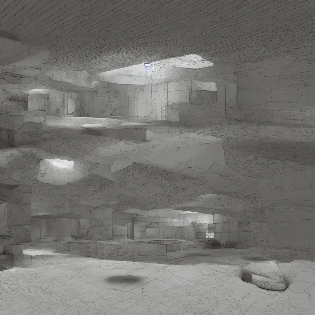 Image similar to a highly control designed space with elements of surprise, ambient occlusion, vray, quantum wave tracing