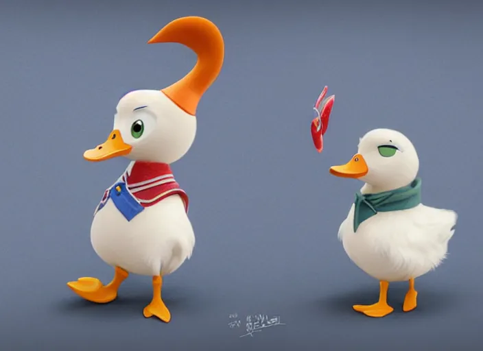 Image similar to award - winning detailed concept art of a cute iconic anthropomorphic duck character wearing a sailor suit. art by wlop, realistic. detailed feathers, art by cheng yi. artstationhd, artgerm, 3 dcg, pixar zootopia. 3 d rendering, high quality model sheet, donald. model sheet detailed