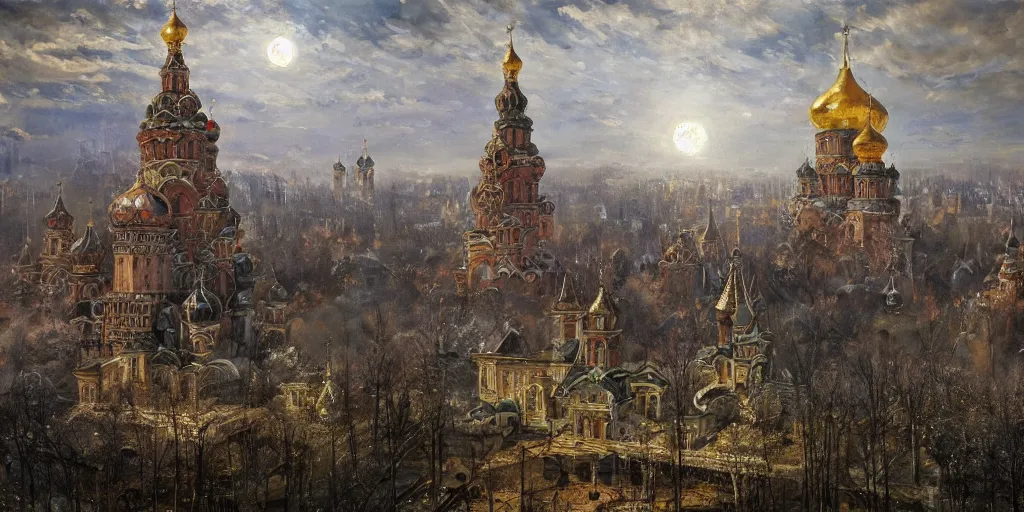 Prompt: beautiful magical ancient Slavic city of Kitezh, magic lights, magic mist, strange buildings, oil painting, painting by Viktor Vasnetsov, concept art, fantasy cityscape, ancient Russian architecture, painting by Ivan Shishkin, hyperborea, high resolution, trending on artstation,