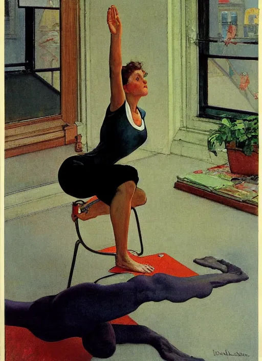 Image similar to an art nouveau girl doing yoga by norman rockwell and edward hopper