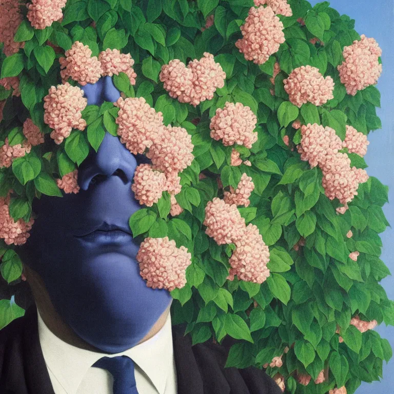 Image similar to portrait of a man, face hidden by beautiful flowers, by rene magritte, detailed painting, hd, hq, high resolution, high detail, 4 k, 8 k