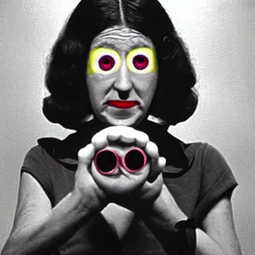 Prompt: woman with prosthetic nose enters an eyeball cult, 1973 live-action children's tv show, color