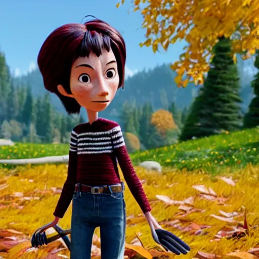 Prompt: a stopmotion animation character, a beautiful canadian woman, gardening, very attractive, spiky dark grey hair, striped sweater, tight denim jeans, maroon doc marten boots, canadian maple leaves blowing about, mountains, autumn, unreal engine 5, 8 k, kubo and the two strings, disney, pixar,