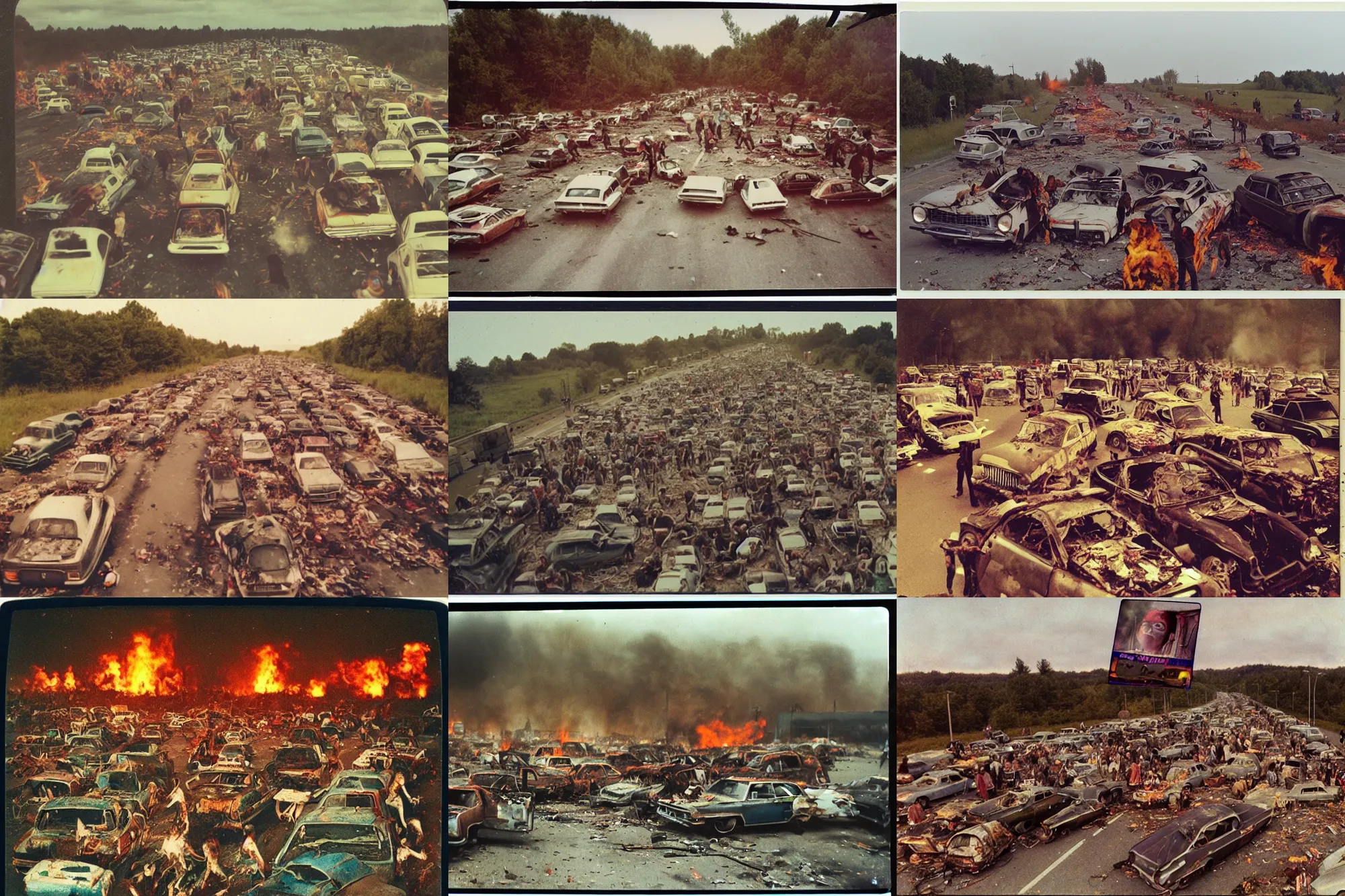 Prompt: autochrome polaroid horde of zombies on a destroyed highway, zombies attack, abandoned cars, bonfire, dusk, vintage, 1970s