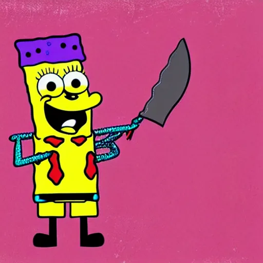 Prompt: spongebob squarepants cartoon character holding a kitchen knife, childish crayon art