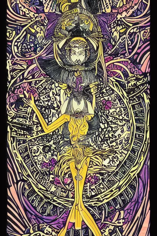 Image similar to marisa kirisame, intricate, amazing line work, colorful, tarot cards, the devil tarot card