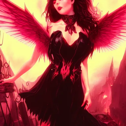 Image similar to young vampiress with burning wings in a pink castle 4 k high definition gorgeous dramatic lighting artstation trending path traced contrast light and dark cinematic breathtaking by hughes, edward robert, noriyoshi ohrai and hans zatzka