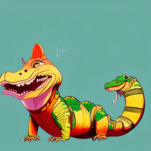 Image similar to in the style of artgerm, loish and ross tran, anthropomorphic alligator, red scales on his back, yellow scale on his belly and chest, male, waring a hawaiian shirt, in the style of zootopia