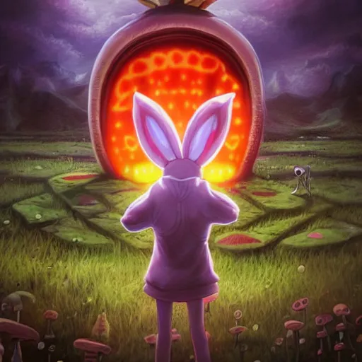 Image similar to 4 k headshot portrait of a psychedelic demonic anthropomorphic bunny rabbit with mushroom themed clothes, magic mushroom village in background. award winning, stylized neon, post - processing, masterpiece, superb resolution. in the art style of junji ito and greg rutkowski. detailed mushroom city in background. hyper realistic anime. perfect art. dalle 2