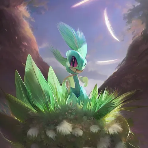 Image similar to a cute beautiful plant type pokemon with smile, green feathers bursting out of his hair, full body portrait, highly detailed digital art, 3 d perspective, award - winning illustration, aesthetic, smooth, pokemon style, made by greg rutkowski, with an alien landscape in the background