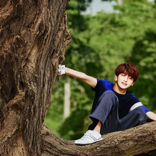 Prompt: Photo of Jeon Jungkook at 10 years old flying over a tree, realistic, real life, detailed picture, 8k, 35mm focal length