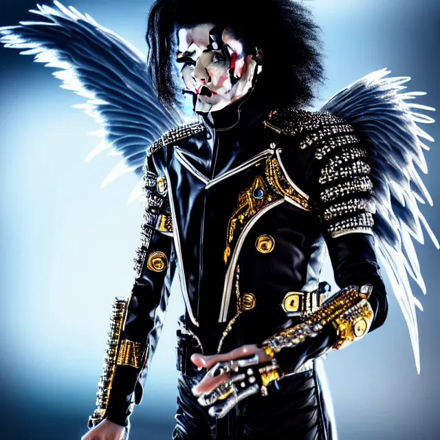 Image similar to beautiful!! futuristic cyberpunk michael jackson angel warrior with ornate slick pearl armor, highly detailed 8 k hdr smooth sharp focus high resolution award - winning photo photorealistic