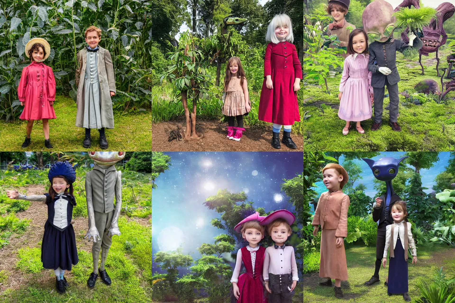 Prompt: a girl and a boy standing next to some alien plants, a small cute alien creature is standing next to them, in a park on a alien planet, looking happy, wearing victorian clothes, ultra realistic facial details, enhanced faces, ultra high quality color photograph, 8k