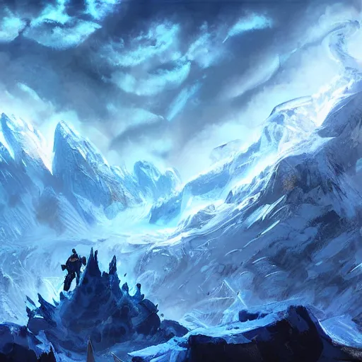 Image similar to blue glacier volcano eruption, blue glacier volcano eruption, blue liquid and snow, snow army war, war armies under the mountain, ice cold blue theme, bright masterpiece artstation. 8 k, sharp high quality artwork in style of jose daniel cabrera pena and greg rutkowski, concept art by tooth wu, blizzard warcraft artwork, hearthstone card game artwork