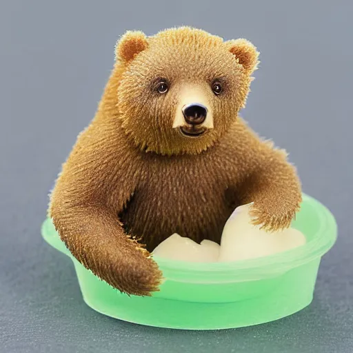Image similar to macro shor photograph of tiny realistic looking bears inside of a plastic food package