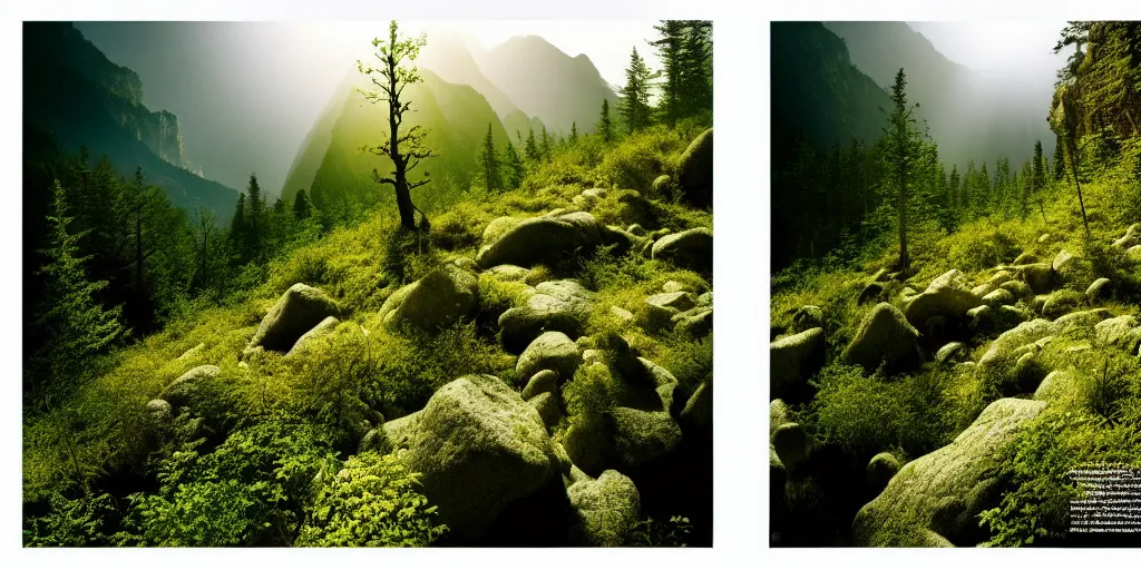 Image similar to lush montain rocky forest, dense vegetation, against light, bright details, contrasting, daylight, highly detailed, by dieter rams 2 0 0 0, national geographic magazine, reportage photo, natural colors