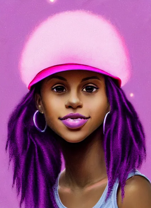 Image similar to portrait of vanessa morgan, black teenage girl, pink hair, wavy pixie haircut, purple newsboy cap, fluffy pink hair coming out from under cap, hoop earrings, subtle confident smile, intricate, elegant, glowing lights, highly detailed, digital painting, artstation, concept art, sharp focus, illustration, art by wlop, mars ravelo and greg rutkowski