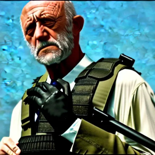 Image similar to Film Still of Mike Ehrmantraut aiming a sniper rifle and wearing a bulletproof vest, 4k, highly detailed, centered