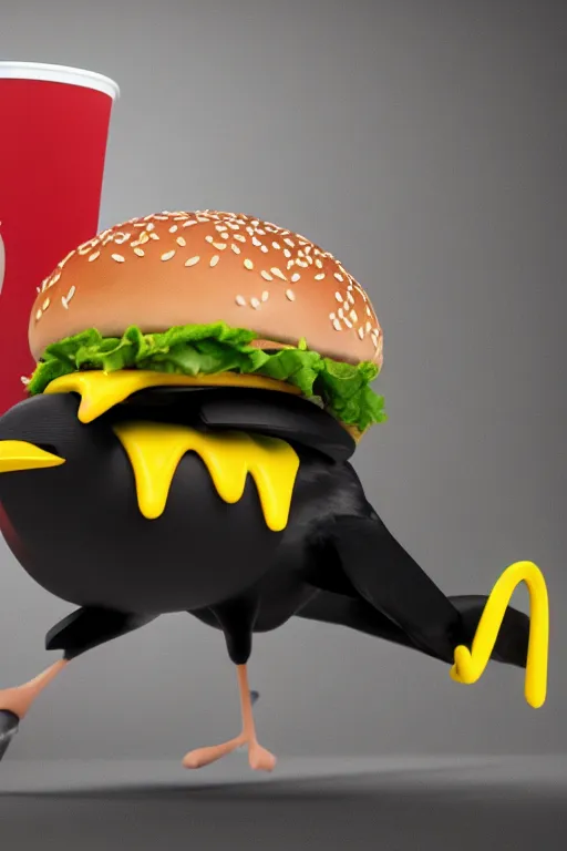 Prompt: a mc donalds commercial with a 3d Crow holding a Burger , commercial, 3d render, Mc donalds, 4k, sharp, by Beeple, Octane Render, cinema 4d