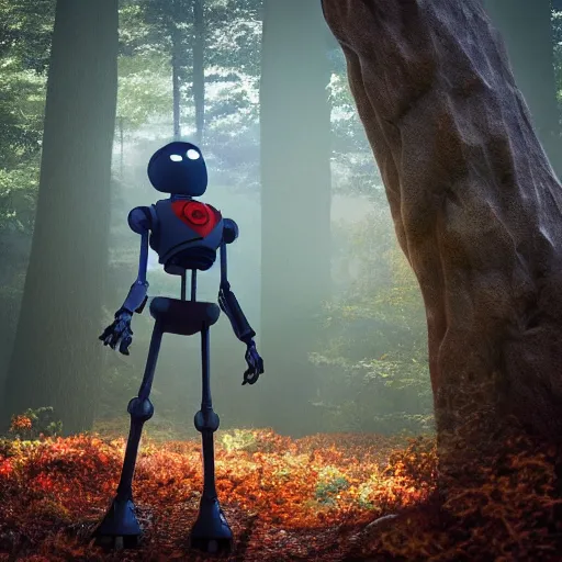 Image similar to ultra realistic and intricate detailed photograph of iron giant in forest from the movie, pixar, iron, giant, technology, innovation, bright modern style, artstation, unreal render, depth of field, ambient lighting, award winning, stunning