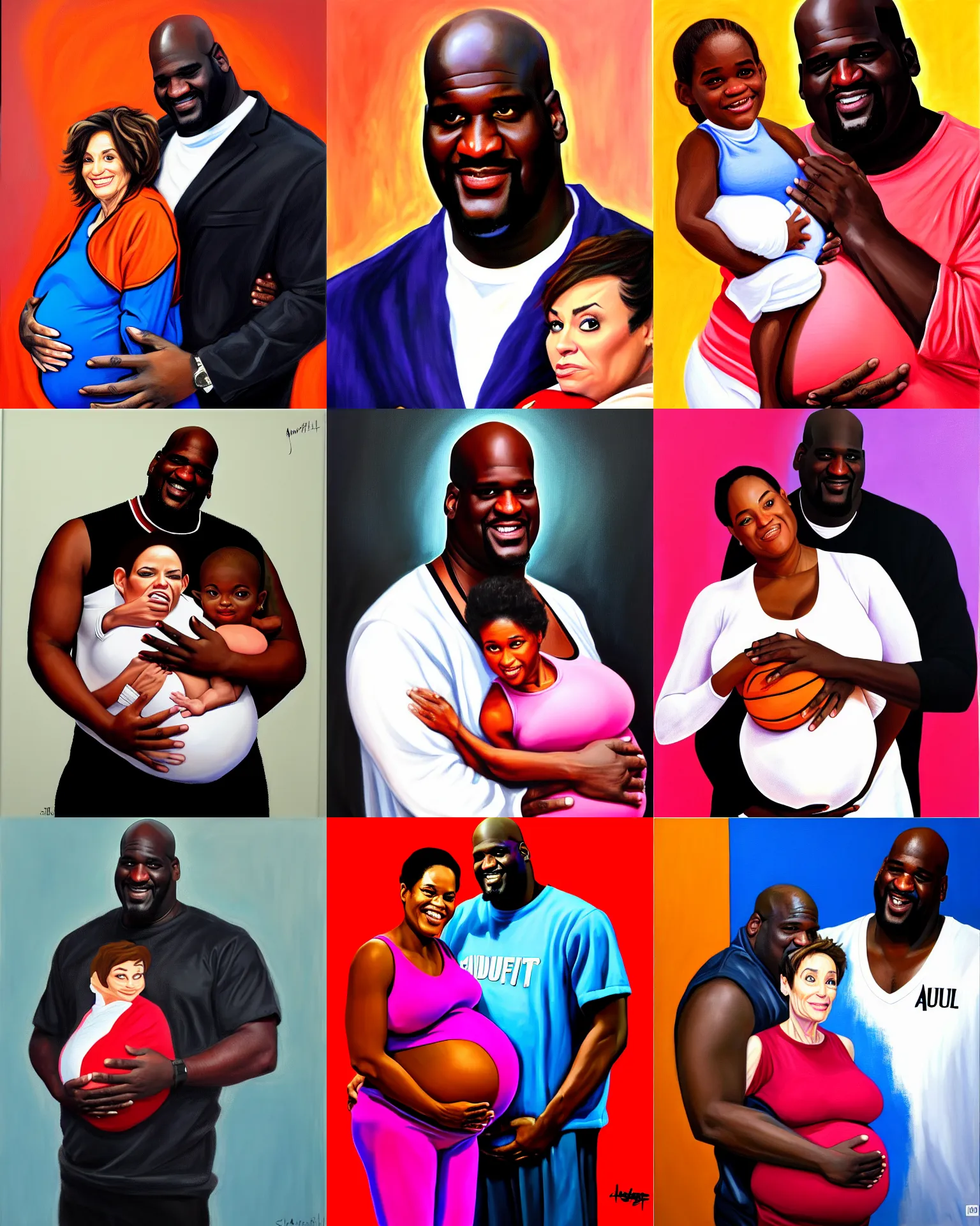 Prompt: shaquille o'neil pregnant, shaquille o'neil holding his pregnant stomach, shaquile o'neil pregnant, shaquille o'neil embracing judge judy, judge judy, oil on canvas, trending on artstation, digital art