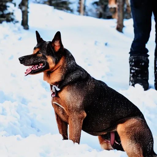 Prompt: dog under snow, smiling