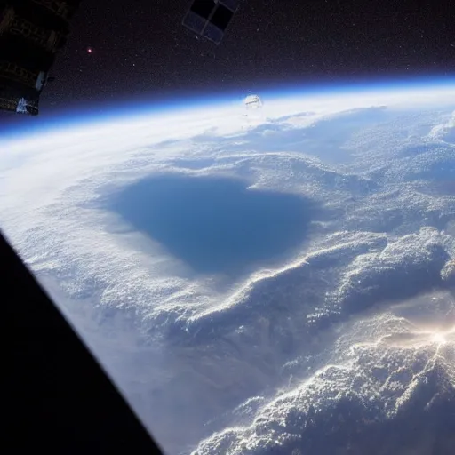 Image similar to photograph from the international space station window as planet earth breaks in half following a larger asteroid impact, fire explosions