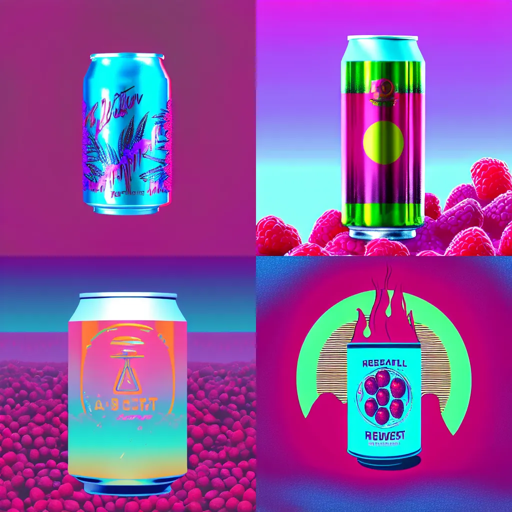 Prompt: a beautiful beer can floating surrounded by big oversized raspberries. synthwave. illustration. vaporwave. detailed, 4K.