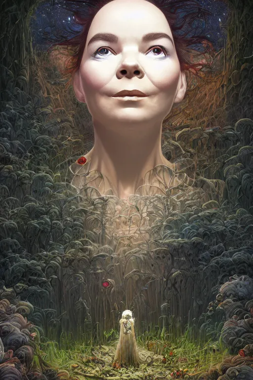 Prompt: bjork portrait by hubert robert and lee madgwick and roger dean and jacek yerka, dan mumford and alex grey style, soft lighting, 4 k hd wallpaper illustration concept joy atmospheric lighting