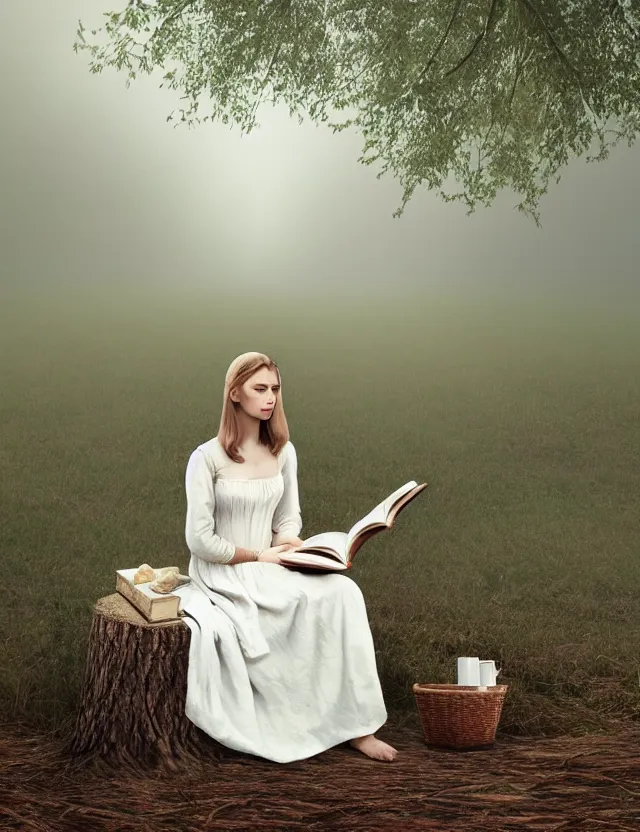 Image similar to beautiful peasant Girl in long white dress reading a book sitting on a tree in a foggy forest, Cinematic focus, Polaroid photo, vintage, neutral colors, soft lights, by Steve Hanks, by Serov Valentin, by lisa yuskavage, by Andrei Tarkovsky 8k render, detailed, oil on canvas