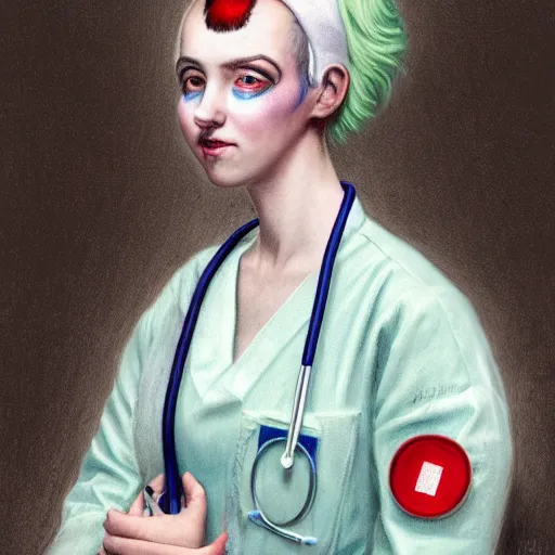 Image similar to clowncore pastel punk young hospital nurse wearing stylish uniform. detailed, portrait, 8 k, artwork by jean - baptiste monge