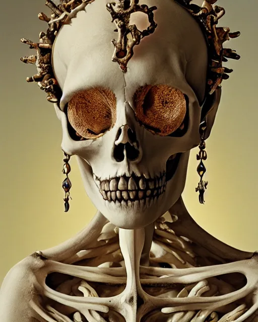 Prompt: beautiful painting of a bone queen, bone crown, skull earings, bone dress, by hans bellmer, global illumination, radiant light, detailed and intricate environment
