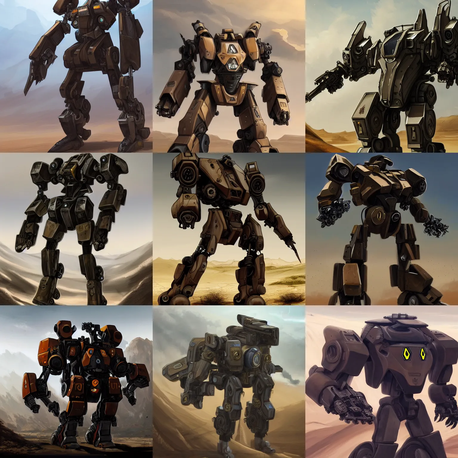 Prompt: a concept art of a renault war mech, highly detailed, fine art, digital art, desert scenery on the background, renault armour, renault logo on the chest, dark shinny metal, aggressive look, trending on artstation by famous artists