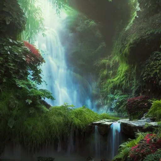 Prompt: an hidden waterfall, beautiful, atmosphere, vibe, mist, foam, puddles, fern, flowers, concept art illustration, color page, tone mapping, akihiko yoshida, james jean, andrei riabovitchev, marc simonetti, digital illustration, greg rutowski, volumetric lighting, sunbeams, particles