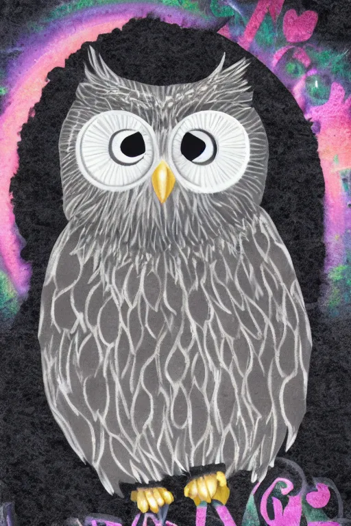 Prompt: cute little owl wearing black biker jacket, portrait photo, backlit, studio photo, pastel swirls background