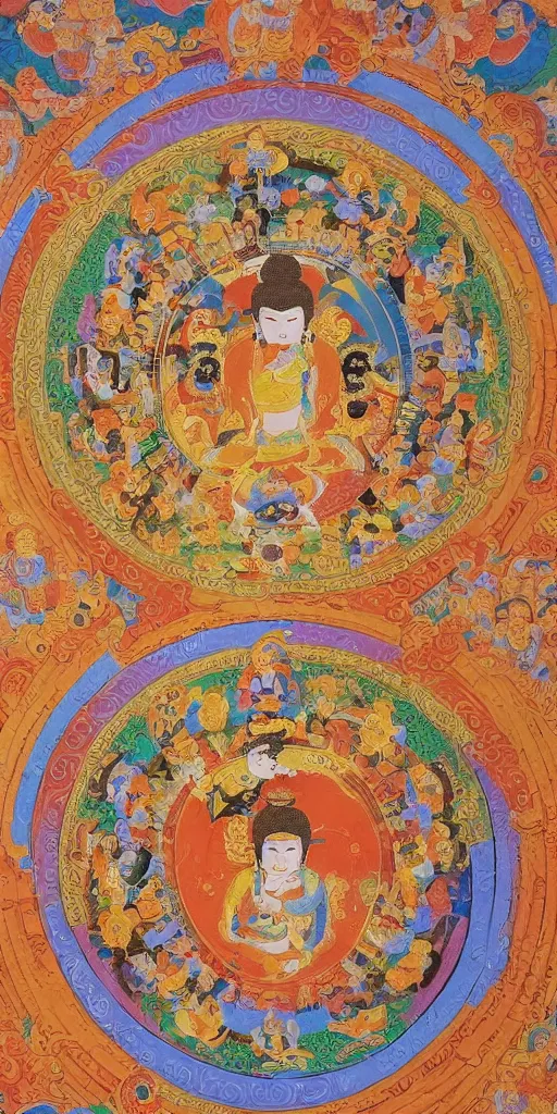 Image similar to The painting shows the Buddha Lotus in the center of a mandala. He is surrounded by a group of bodhisattvas and other figures. The whole painting is done in a bright, colorful style. by a Tibetan artist in the 13th century., Tibetan art, Thangka painting, Buddhist art.