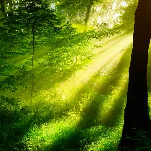 Image similar to A lush green forest in the morning; rays of light coming through the canopy